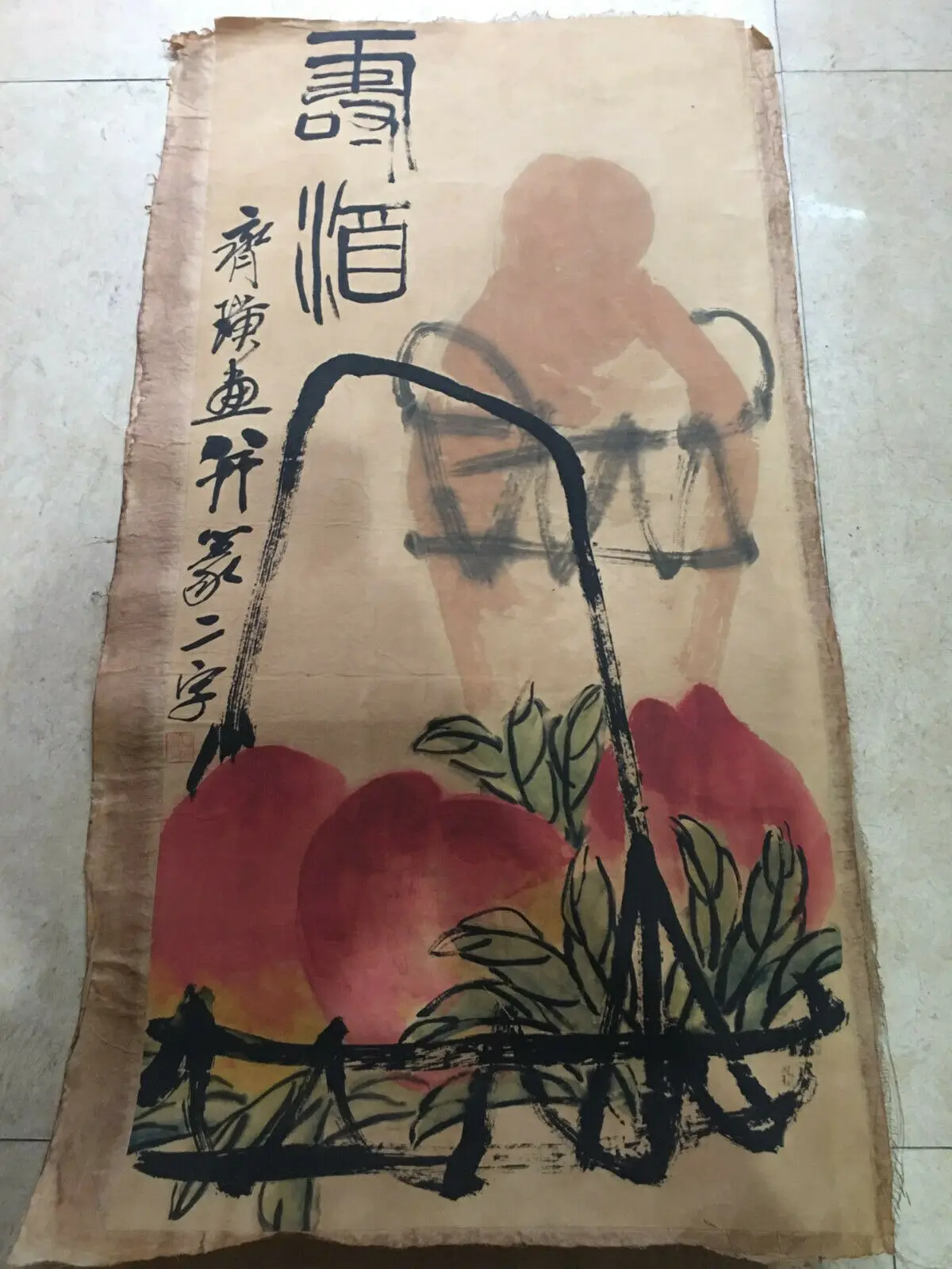 Chinese Old Scroll Qi Baishi - Peach Painting Rice Paper Painting Slice