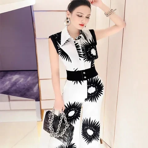 New Summer Women Business Casual Sleeveless Jumpsuits Fashion Ladies Floral Wide Leg Loose Long Pants Trousers