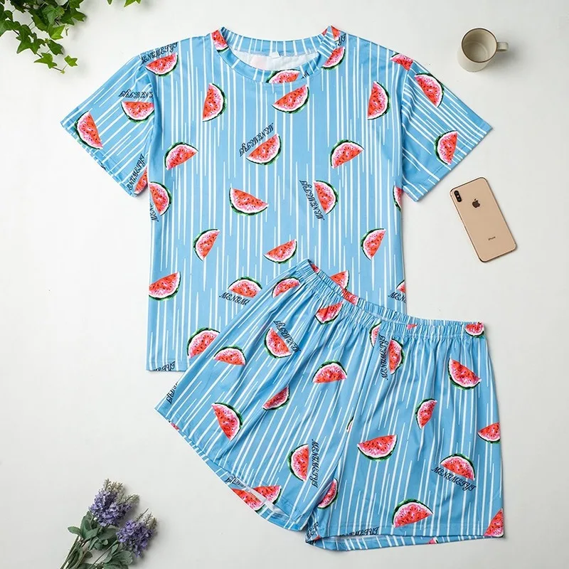 

4XL Plus Size Women Summer Nice Pajama Sets Watermelon Printing Short Sleeve Pajamas Soft Pijamas Sleepwear Autumn Homewear