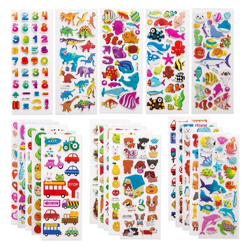 3D Stickers for Kids Toddlers 20/8 Different Sheets 3D Puffy Bulk Sticker Cartoon Education Classic Toy Children Boys Girl Gifts