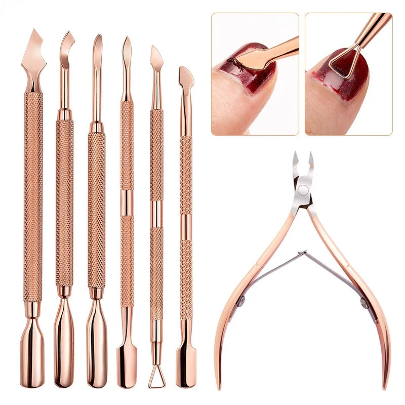 New Stainless Steel Rose Gold Double-headed Steel Pusher Dead Skin Scissors Polish Gel Remover Manicure Pedicure Nail Care Tools