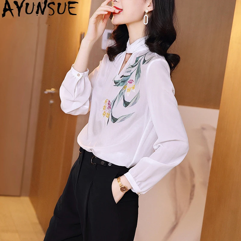 100% Real Silk Vintage Blouse Women Clothes 2020 Ladies Tops Spring Long Sleeve Shirt Women Blouses Elegant Shirts SJ19120113