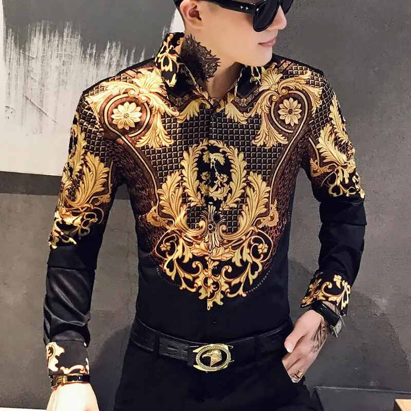 Luxe Paisley Zwart Goud Gedrukt Shirt Mannen Royal Club Kleding Koreaanse Mannen Lange Mouw Slanke Lange Mouw tuxedo Shirt