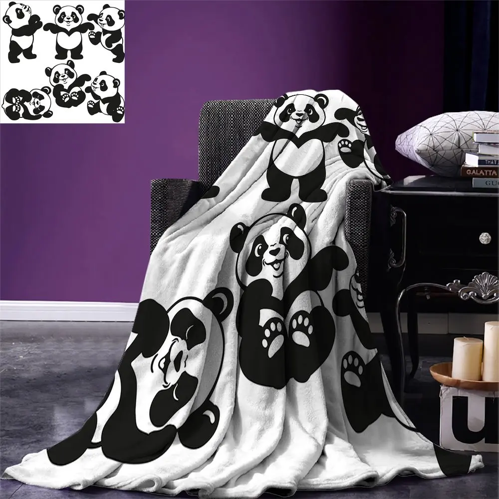 Nursery Throw Blanket Set with Playful Panda Bear in Monochrome Style Happy Young Zoo Animal Childhood Warm Blanket for Bed