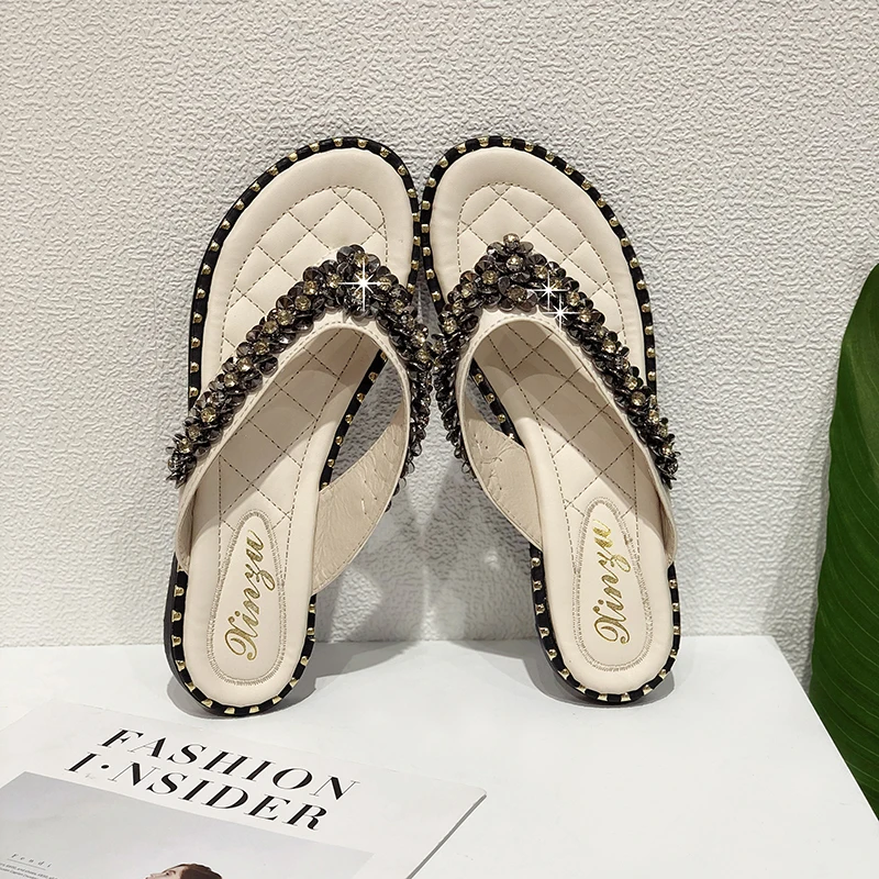 Plus Size 43 Sexy Rhinestone Slippers Woman Pinch Slides Flip Flops Womens 2020 Summer Shoes Leather Sandals Girls Shoes