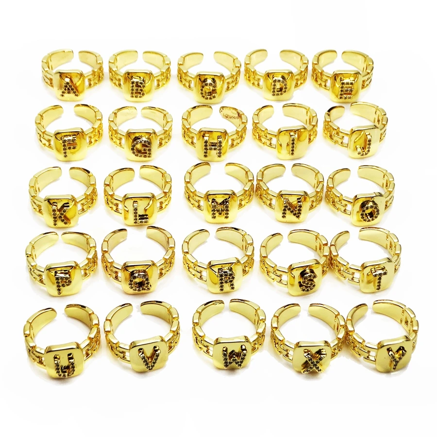 Opening adjustable ring 26 English letter rings watch strap style ring Copper Zircon Letter Rings for women Party Jewelry