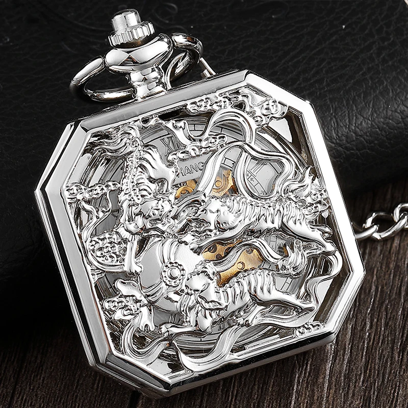 Lucky Beast Mechanical Pocket Watch Mascot Unicorn Engrave Pendant Fob Chain Reloj for Men Antique Sliver Bronze Montre de poche