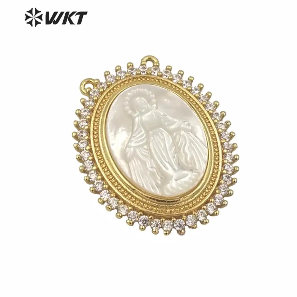 JF253 Wholesale NEW Oval shellfish Pendant Gold plating caved Goddess,Holy Virgin(mother),Madonna,Jesus,angle,sage Cubic Zircon