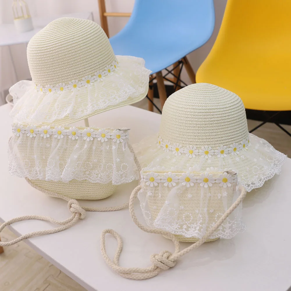 BEIXING001 Parent-child baby girl casual lace floppy straw hat Summer kid child holiday 2pcs a set beach sun hat and bags Panama