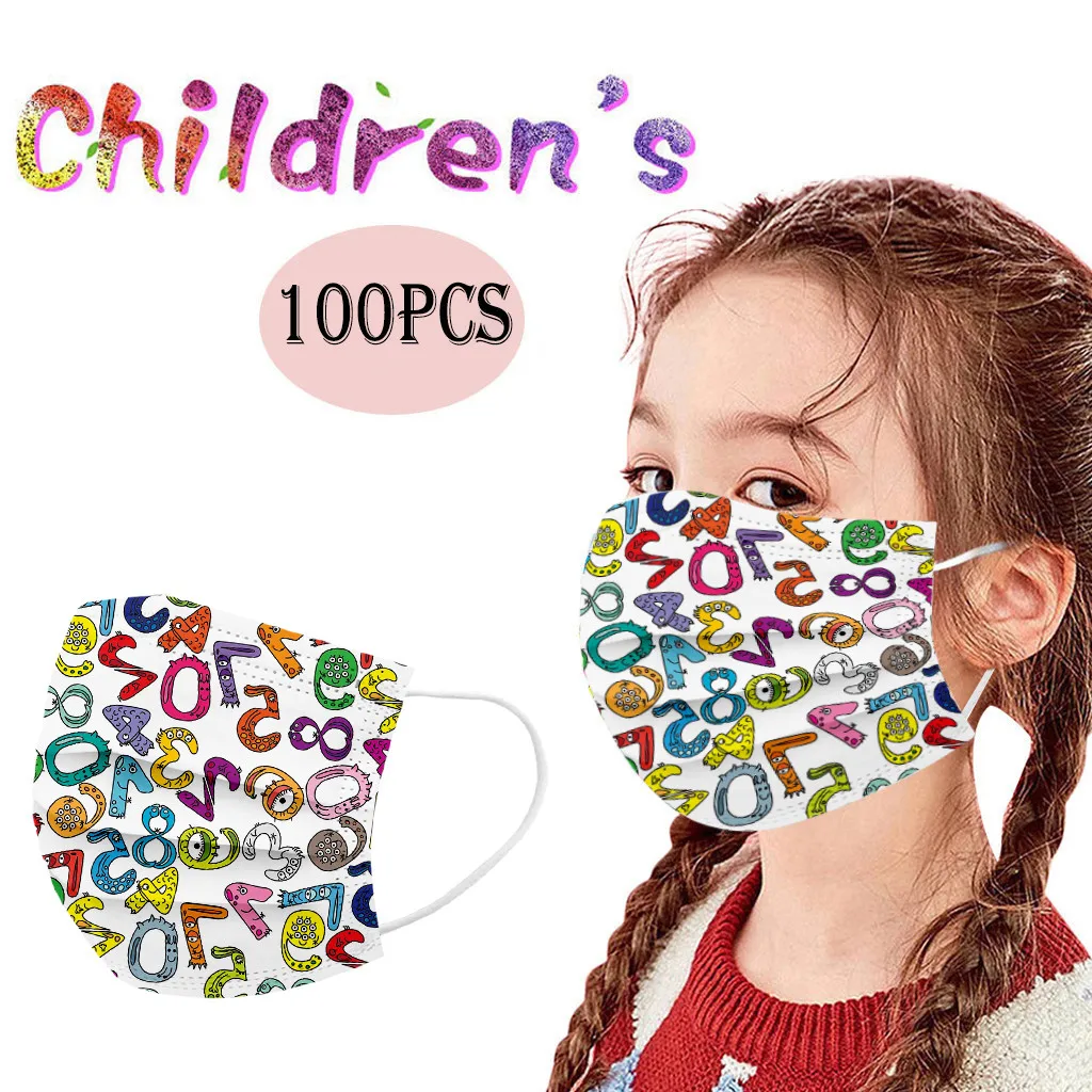 

100Pcs Kids Children's Cartoon Mask Disposable Letter Number Printed Facemask Cartoon masks for kid Cute maks Cosplay máscara