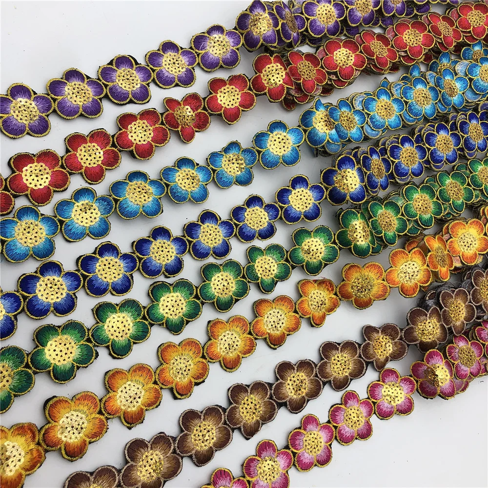 Sequins Lace Ribbon  Embroidered Flower iron on Trim Tape Fabric Diy Clothes 8color  in stock