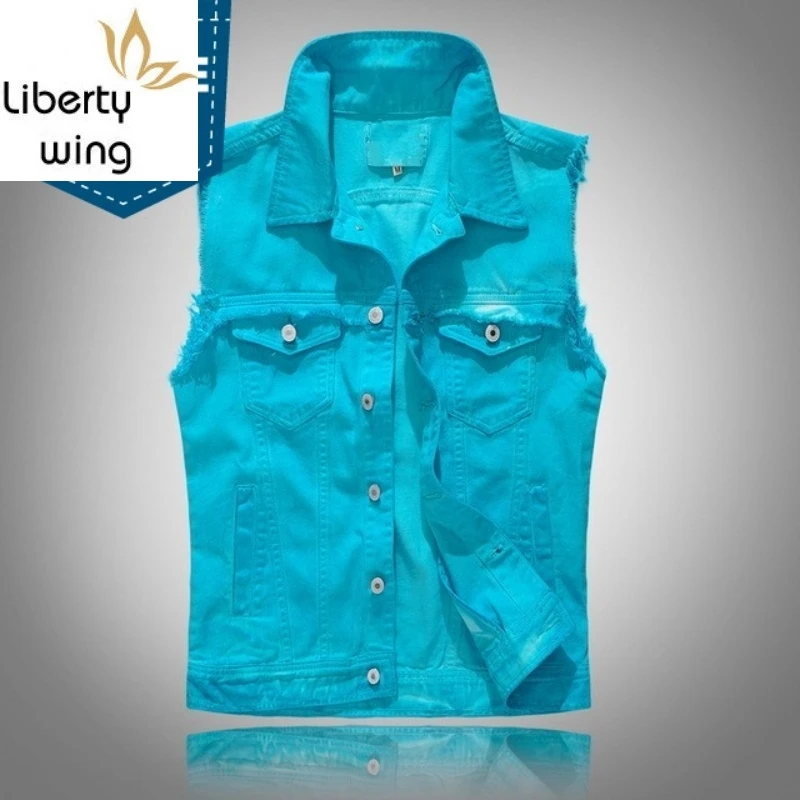 

Slim Fit Fashions Men Denim Personalized Frayed Tassel Sleeveless Jacket Single Breasted Casual Cowboy Biker Vest 2XL