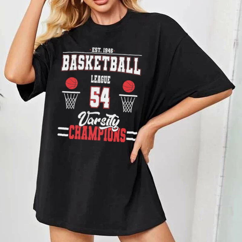 Basketball Varsity Letter Print Oversized T Shirt 90s Aesthetic Vintage Streetwear Graphic Tshirt Retro Women's T-Shirt Tops Tee