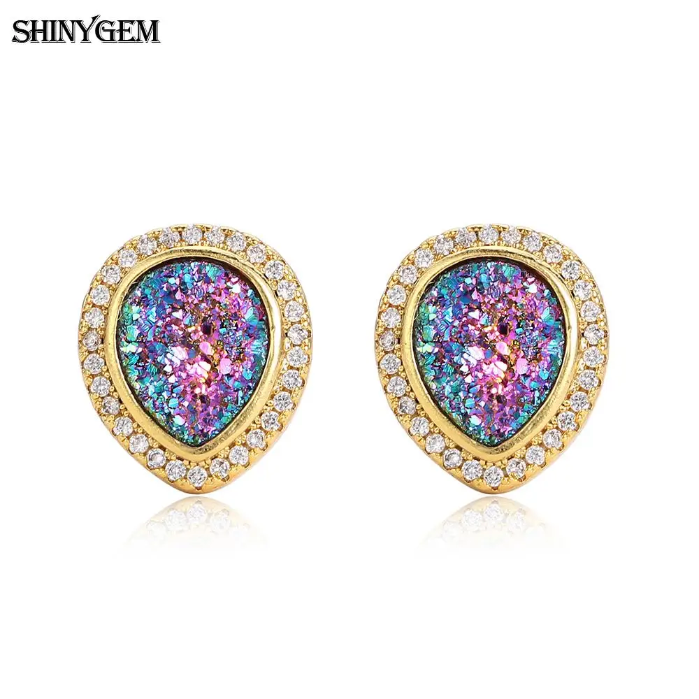 

Trendy Micro Inlay Zircon Water Droplets 11mm Natural Sparkly Crystal Druzy Stud Shape Earrings For Women Wedding Jewelry Gift