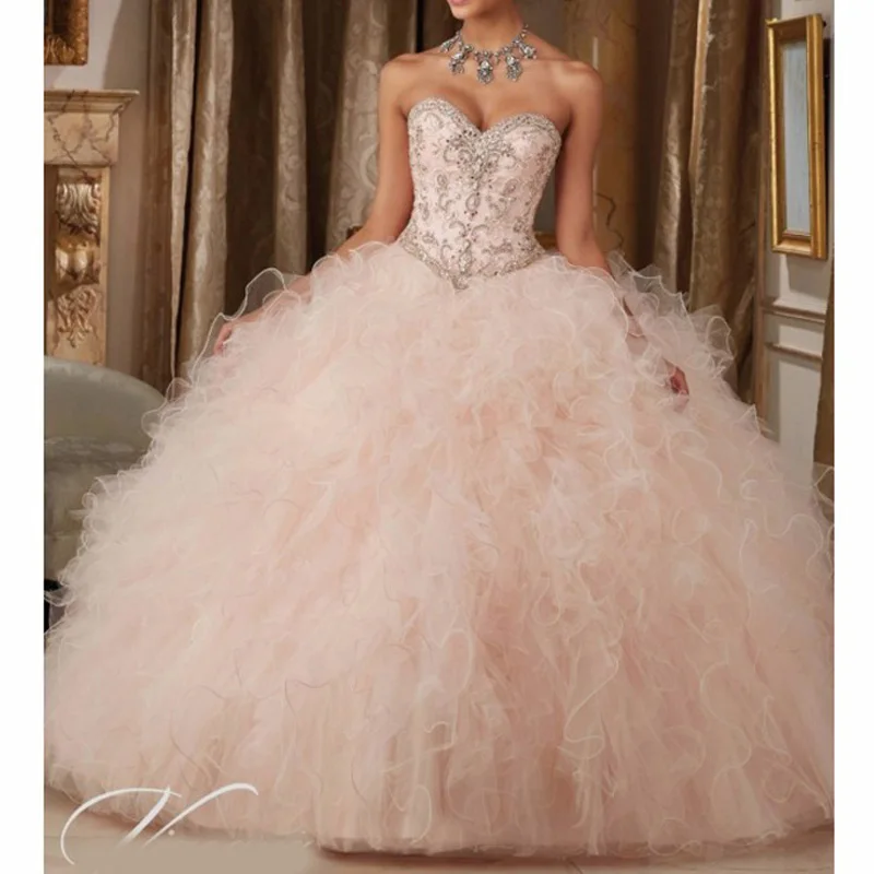 Licht Rosa Süße 16 Kleid Quinceanera Kleider Ärmelloses Ballkleid Rüschen Perlen Pailletten Lace Up Günstige Geburtstag Party Tragen