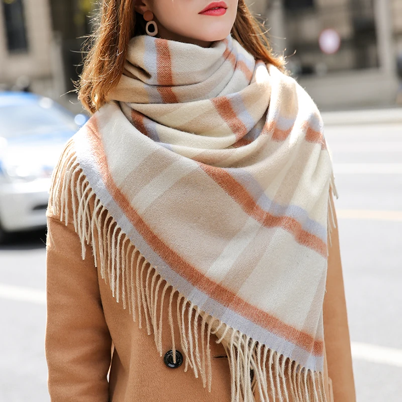 Winter 100% Lamb Wool Scarf Women Luxury Thicken Warm Shawls Wraps Checkered Pashmina Foulard Femme Plaid Cashmere Scarves