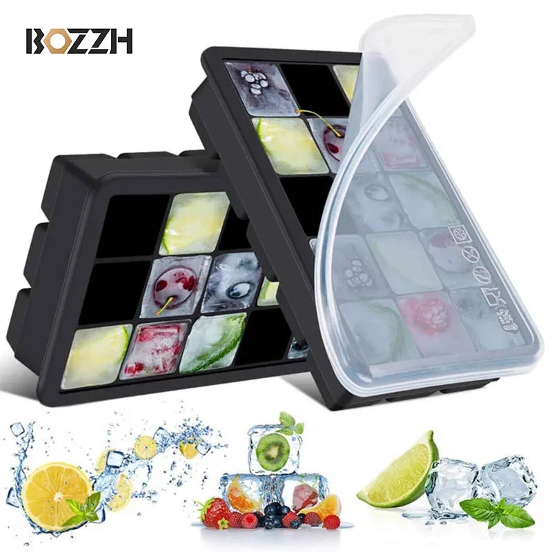 BOZZH 15 Grids Ice Mold Silicone Ice Cube Tray With Lid Square Ice Cream Maker Kitchen Bar Tools