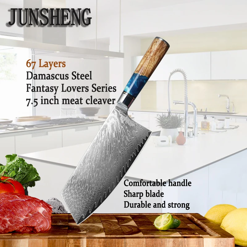 

Многофункциональный кухонный нож JUNSHENG, 7,5 дюйма, топорик для мяса, лезвие из дамасской стали, Полимерная смола, ручка для дерева, кухонный нож