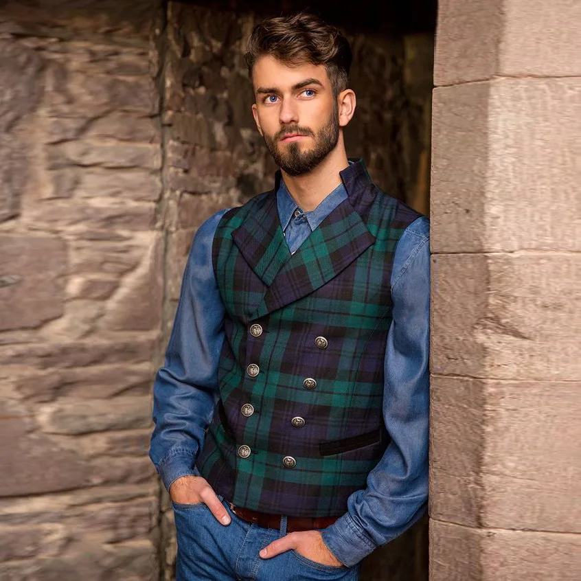 Men Suit Vests Green Plaid Mens Clothing Wedding Tweed Business Waistcoat Jacket Casual Slim Fit Gilet Homme Vest For Groosmen