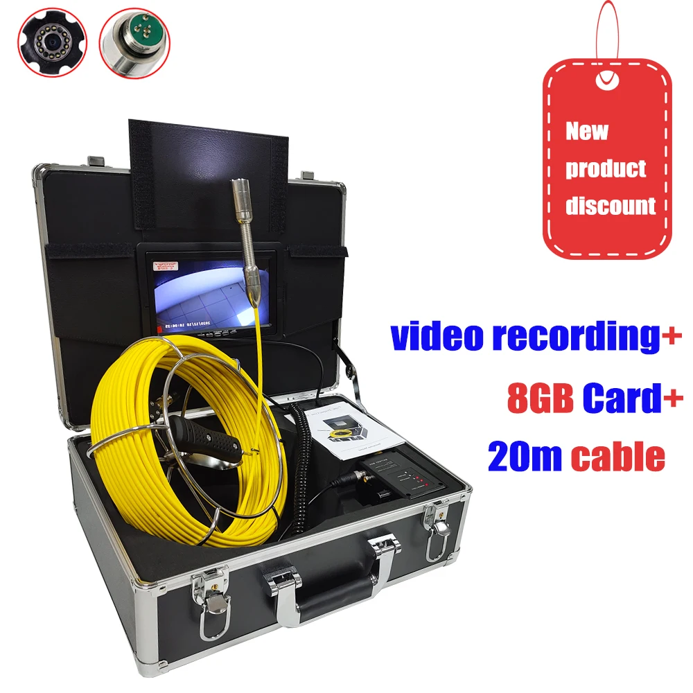 

7inch CCTV Pipe Endoscope System Support DVR 23mm IP68 Waterproof Industrial Sewer Inspection Video Camera with 12 LED Light 20m