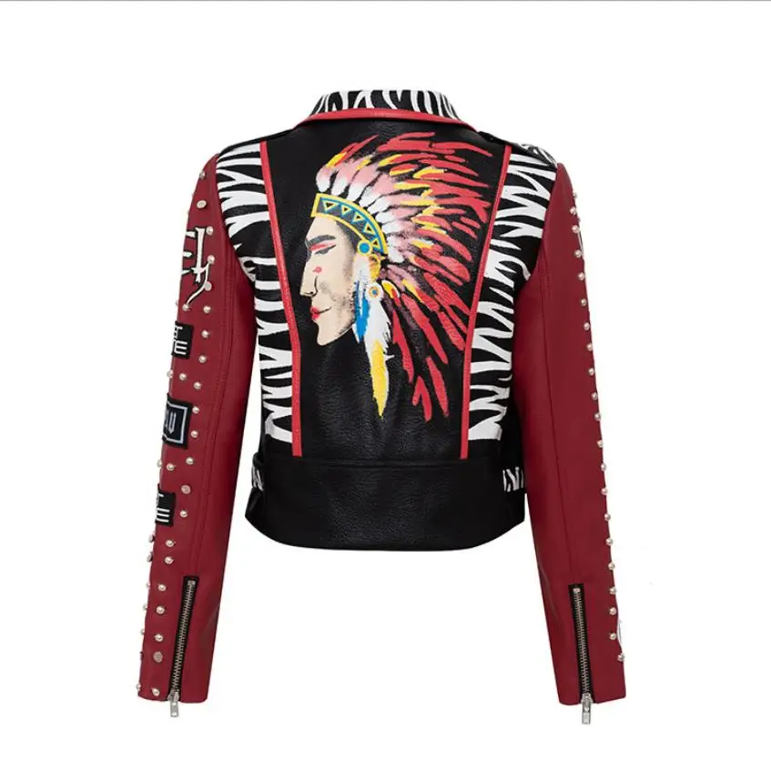 

3D Graffiti soft pu leather jackets female cartoon character printed Jacket rivet beading Punk Rock Cropped leather Outerwear