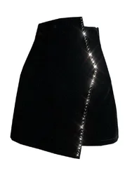 Ins CHIC Europe French Irregular Velvet Hand Bead Rhinestone Woman Velour Mini Skirt High Waist Bodycon Lady Bottom Black Winter