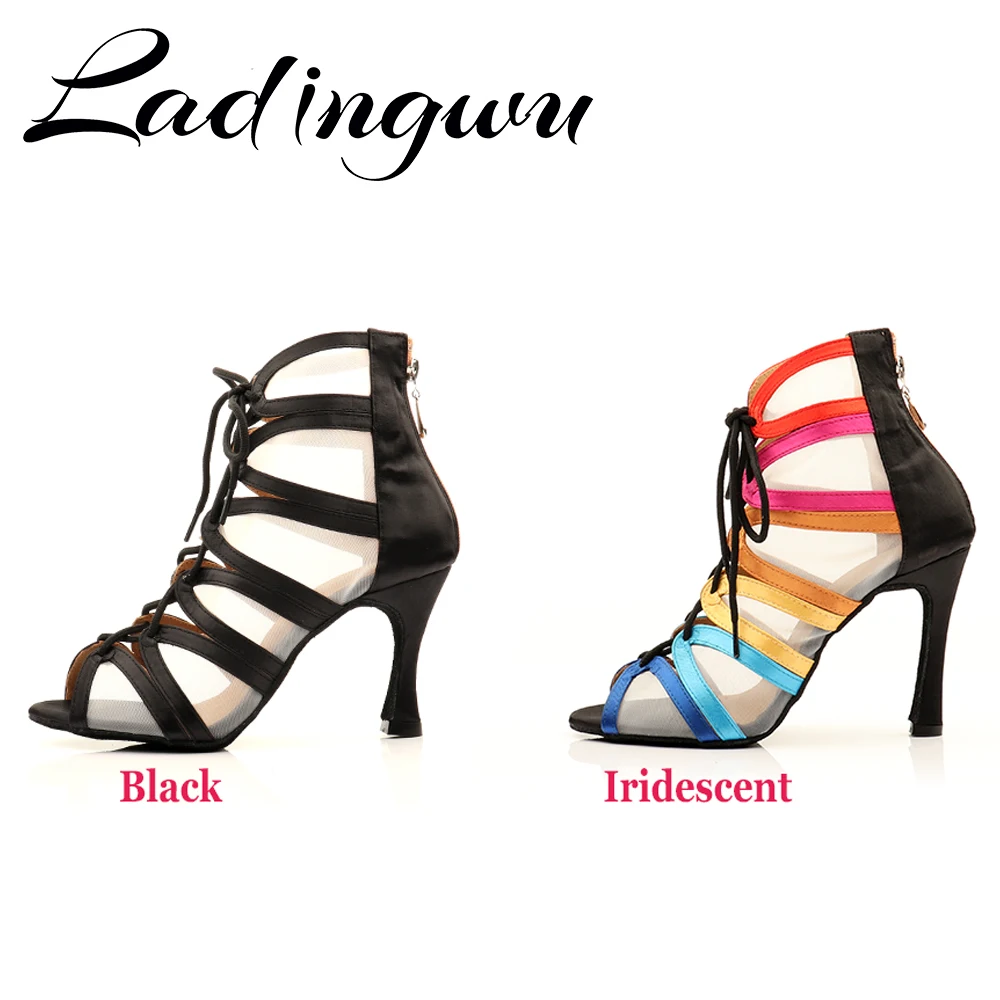 Ladingwu Dames Latin Ballroom Dans Schoenen Zwart Multicolor Satijn En Mesh Latino Dansen Schoenen Voor Kinderen Salsa Dansschoenen