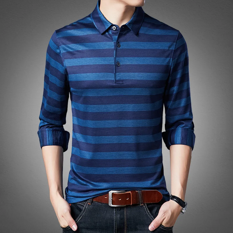 High Quality Silk Men's Long Sleeve T-shirt 2020 Autumn New Business Fashion Stripe Lapel T-shirt Male Brand Clothes