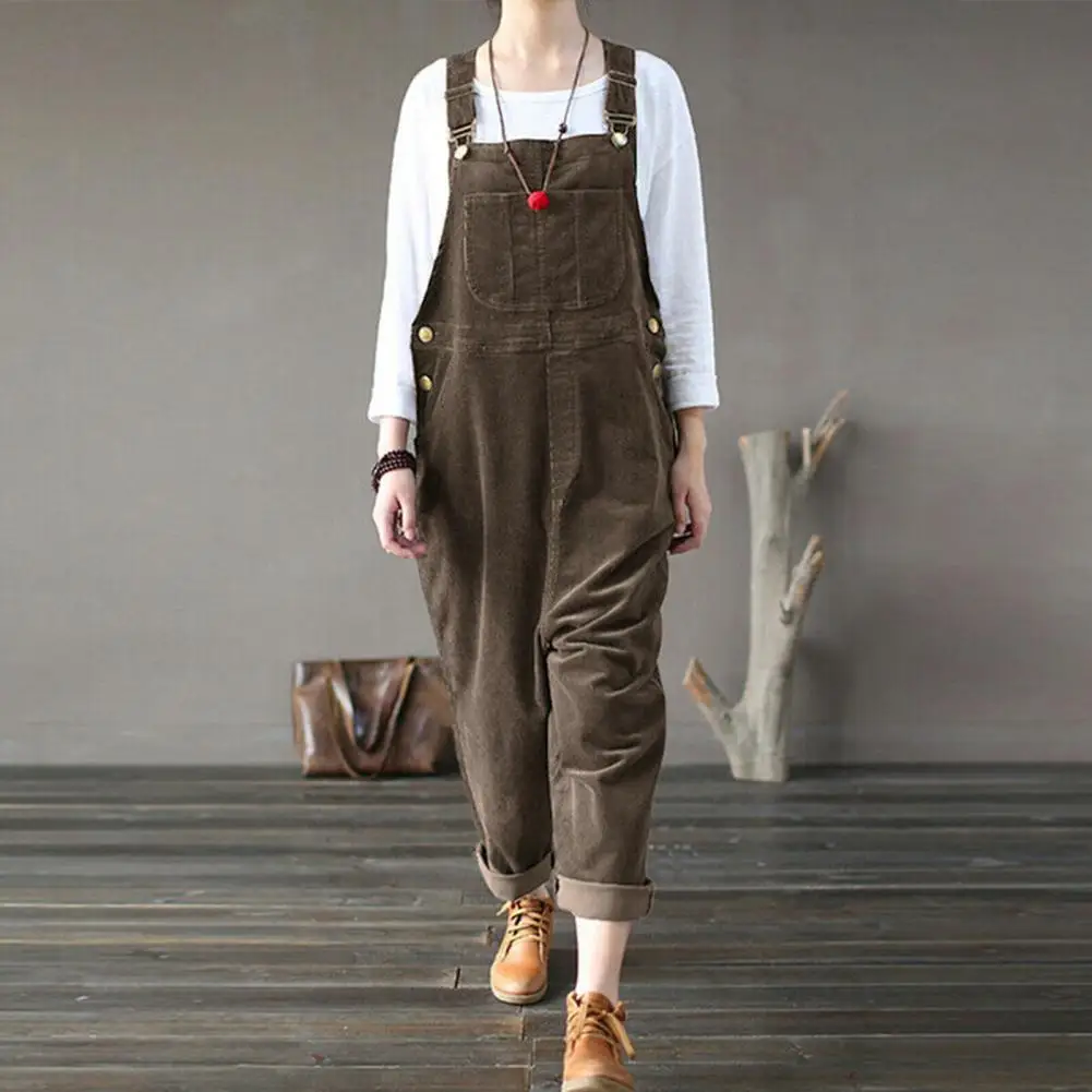 Winter Cord Overall Frauen weites Bein Overalls einfarbig lose ärmellose Jumps uit mit weitem Bein kombinierte Femme коминезоны