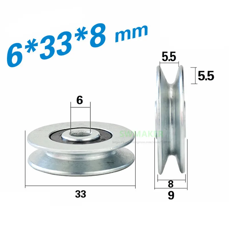 2 peças 6*33*8mm ranhura em v, fio de aço sobre linha roda guia de roda de elevação, rolamento de polia de metal, roda de rolamento mecânica