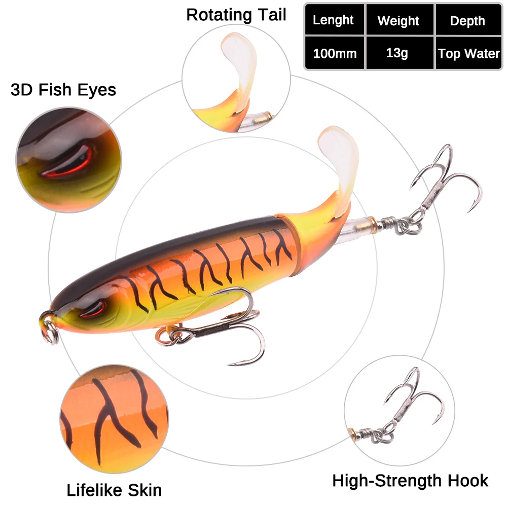 8pcs Whopper Plopper 10cm 13g Floating Popper Fishing Lure Artificial Hard Bait Wobbler Rotating Tail Fishing Tackle 3D Eyes