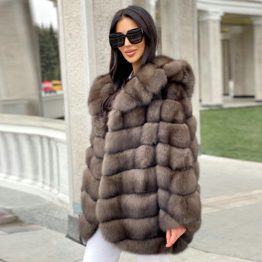 Women Mid-length Natural Fox Fur Jacket with Hood Sable Color Whole Skin Genuine Fox Fur Coats Thick Warm Fur Overcoat Female