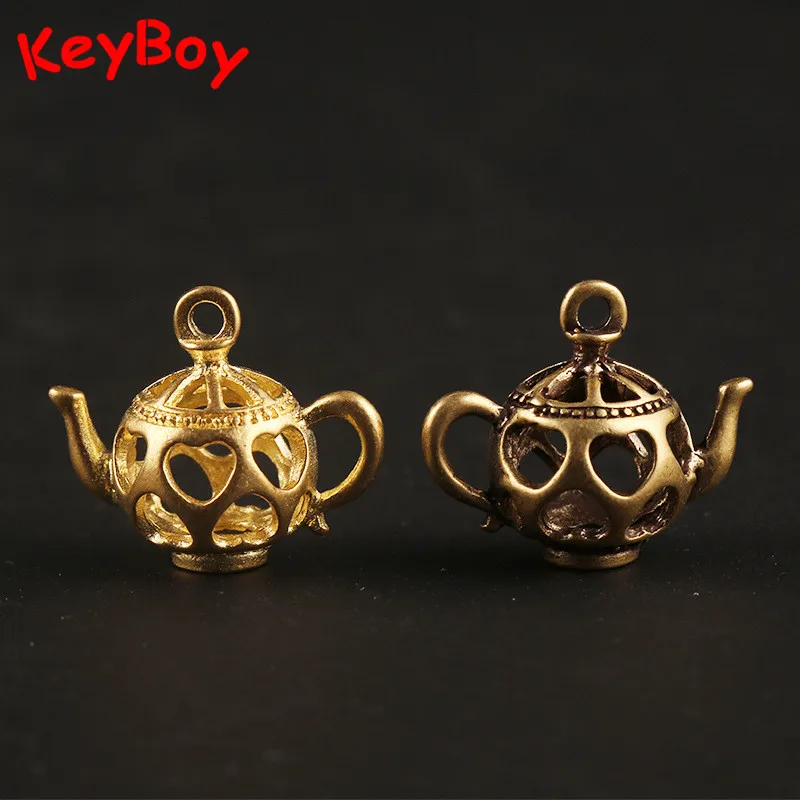 Brass Mini Kettle Pendant Hollow Lotus Heart Pattern Teapot Keychain Hanging Trinkets DIY Key Rings Pendants Accessories Jewelry