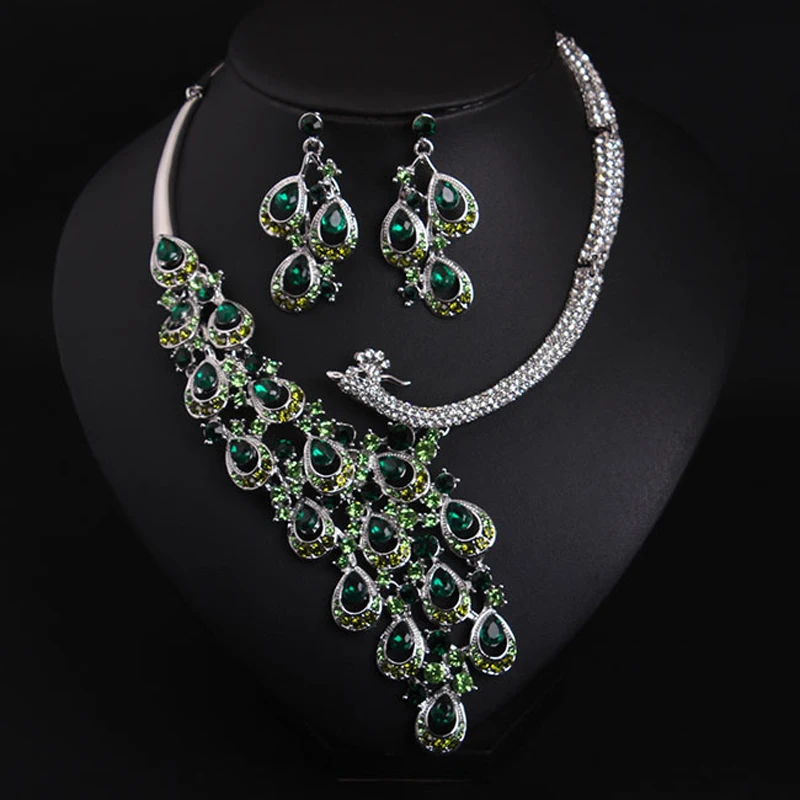 

Новые роскошные комплекты свадебных украшений с золотыми стразами и павлином, массивное ожерелье и серьги с кристаллами, комплект свадебных украшений, аксессуары