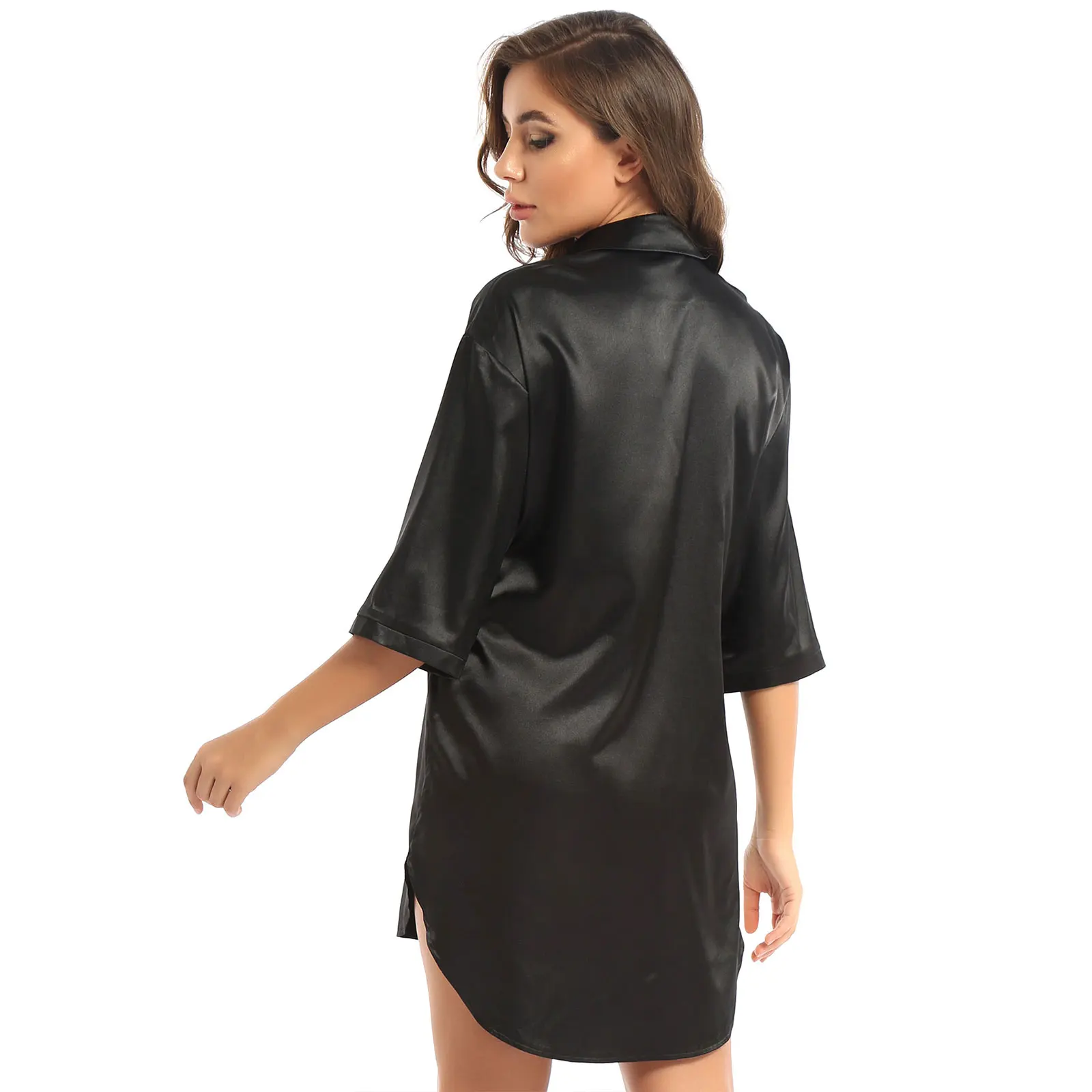 Women Soft Satin Loose Loungedress Sleepshirt 3/4 Long Sleeve Boyfriend Style Turndown Collar Button Shirts Nightgown Sleepwear