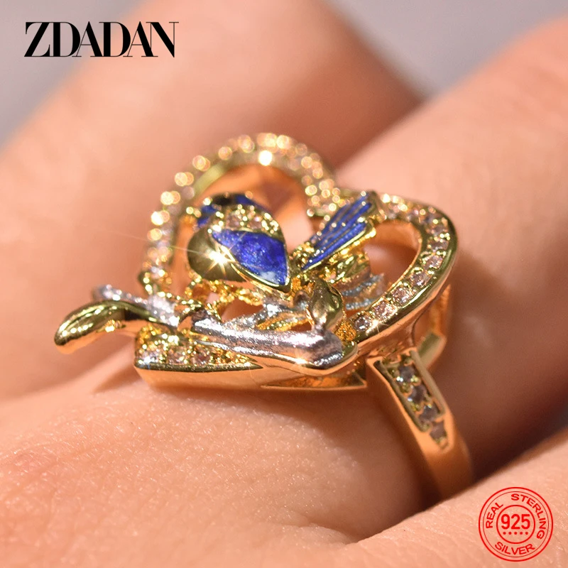 

ZDADAN 925 Sterling Silver 18K Gold Heart Bird Rings For Women Wedding Christmas Jewelry Party