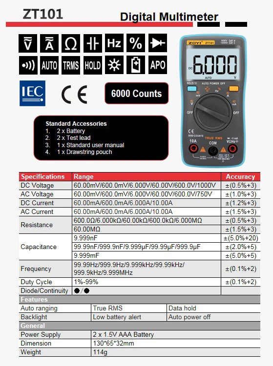 ZOYI Digitales Multimeter Amperemeter Voltmeter Widerstandsmessgerät Frequenzmesser mit Hintergrundbeleuchtung Spannungsmesser Diodentester ZT98 ZT100 ZT101 ZT102 – Detail 4