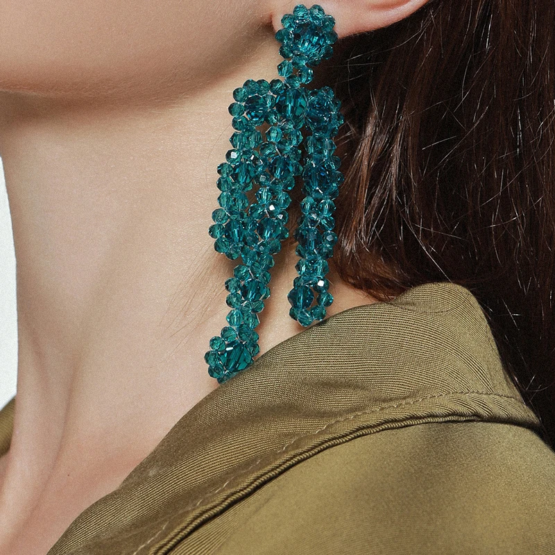 HangZhi New Korean Resin Color Stereoscopic Transparent Flowers Beaded Crystal Long Drop Earring For Women Girl Hot Jewelry Gift