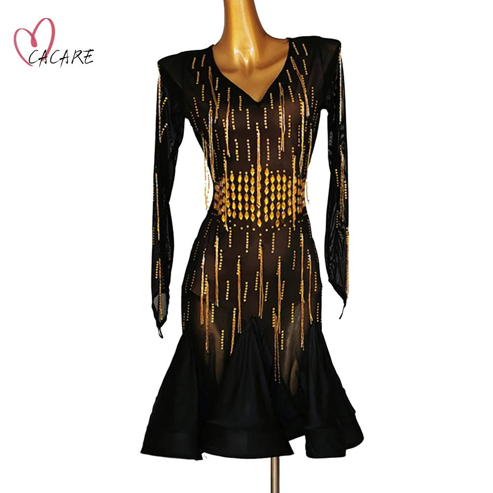 

2021 Sexy Latin Dance Dress Women Latina Salsa Latin Dance Competition Dresses Fringe Customize D0842 Mesh Sleeve Tassels Hem