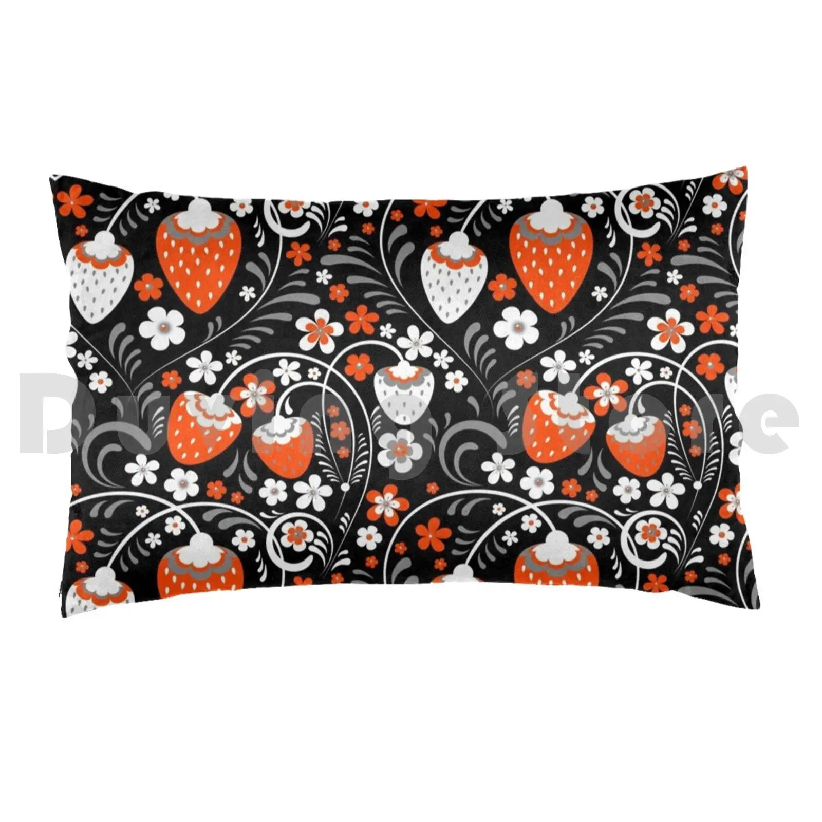 Ornament In Khokhloma Russian Style Pillow Case Printed 35x50 Berry Strawberry Floral Plant Leaves Curl