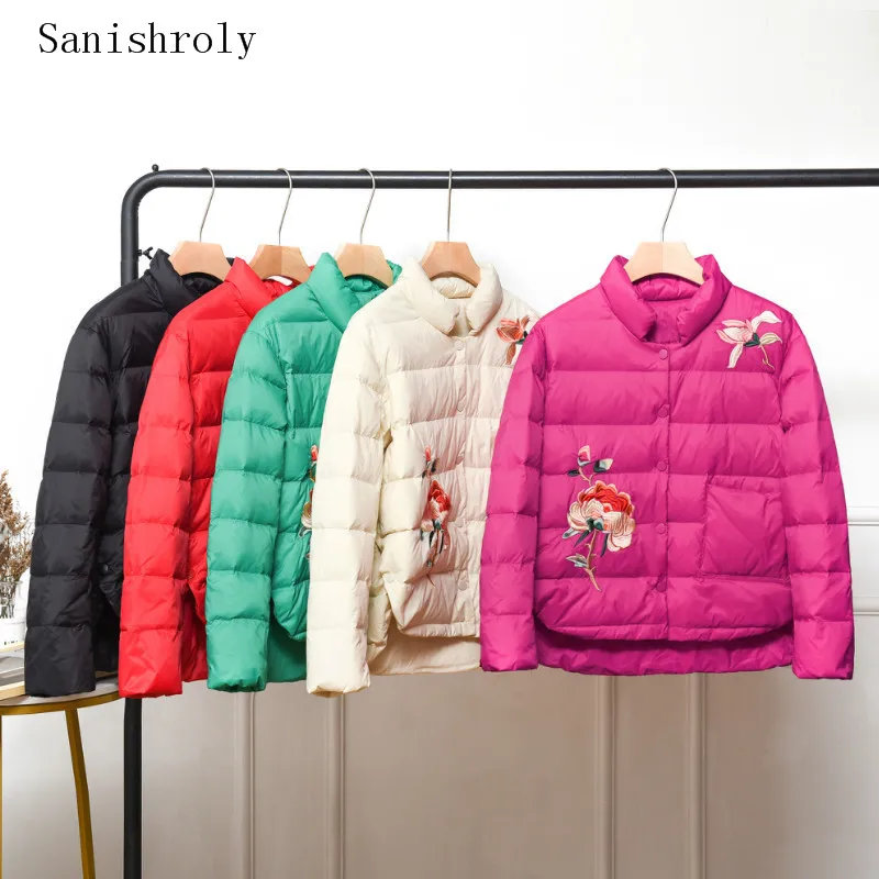 Sanishroly Autumn Winter Women Ultra Light White Duck Down Jacket Female Casual Loose Floral Embroidery Short Coat Parka SE1041