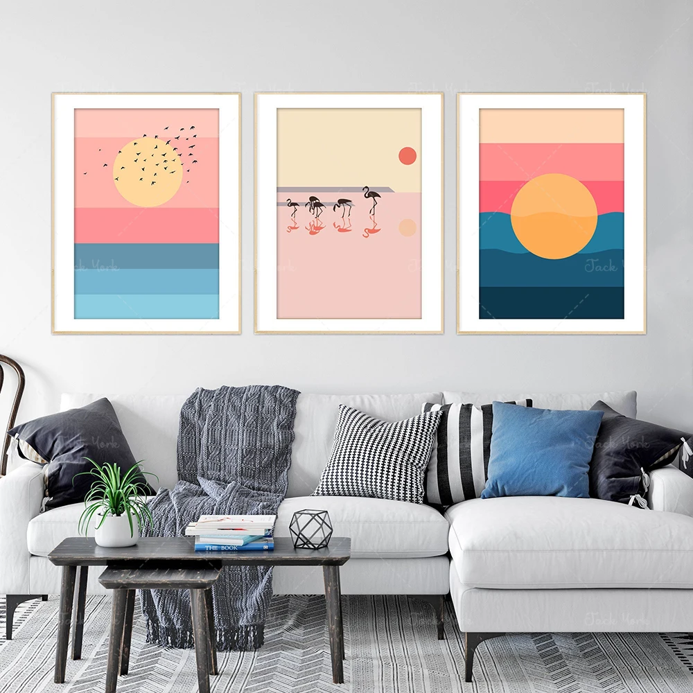 Rosa Sommer, bunter Sonnenuntergang, Mid-Century Tropic Sunrise, rosa blau gelbes Poster-Set, Frühlingsfrische, Muttertagsgeschenk