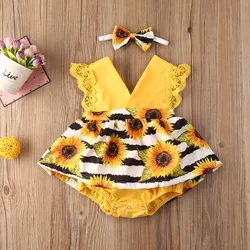 Newborn Baby Girl Clothes Summer Sleeveless Lace Ruffle Sunflower Print Romper Headband 2Pcs Outfits Sunsuit Clothes Set