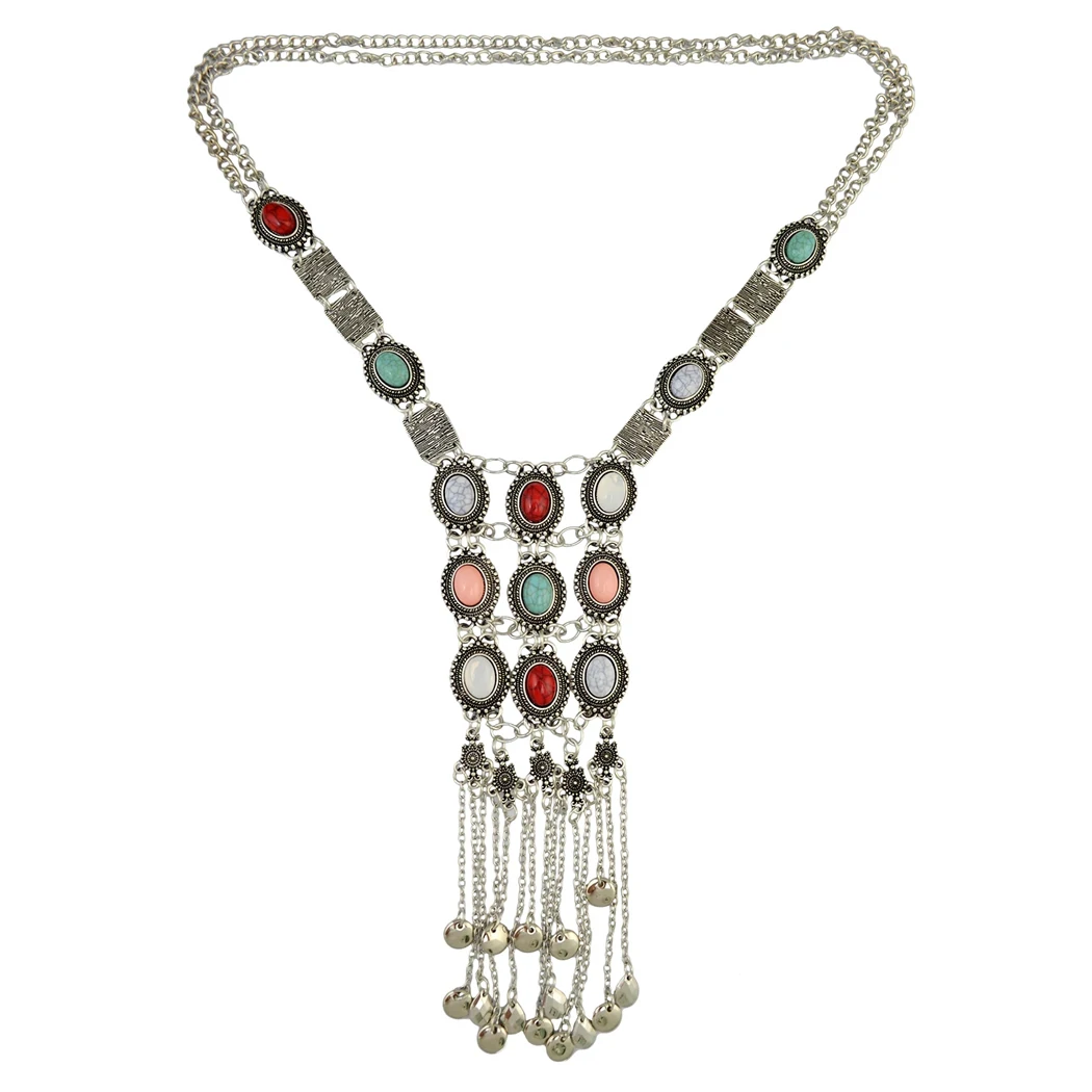 Vintage Afghan Colorful Beads Acrylic Gem Long Tassel Necklace for Women Boho Ethnic Gypsy Tribal Maxi Collar Statement Jewelry