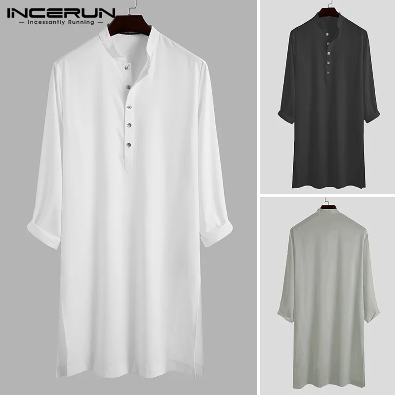 Vintage Mens Muslim Shirts Solid Button Islamic Blouse INCERUN Male Long Sleeve Stand Collar Suadi Arabic Long Clothing S-5XL 7