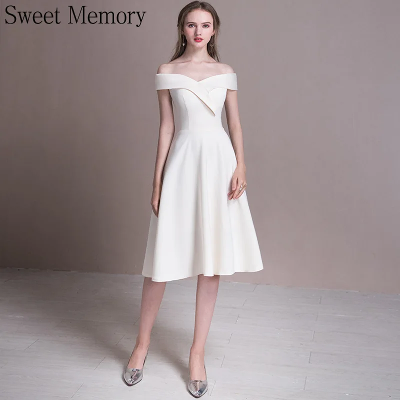 S081 Cổ Thuyền Trắng Váy Áo Trễ Vai Đảng Đầm Cô Dâu Áo Cô Gái Hứa Vestidos De Noiva