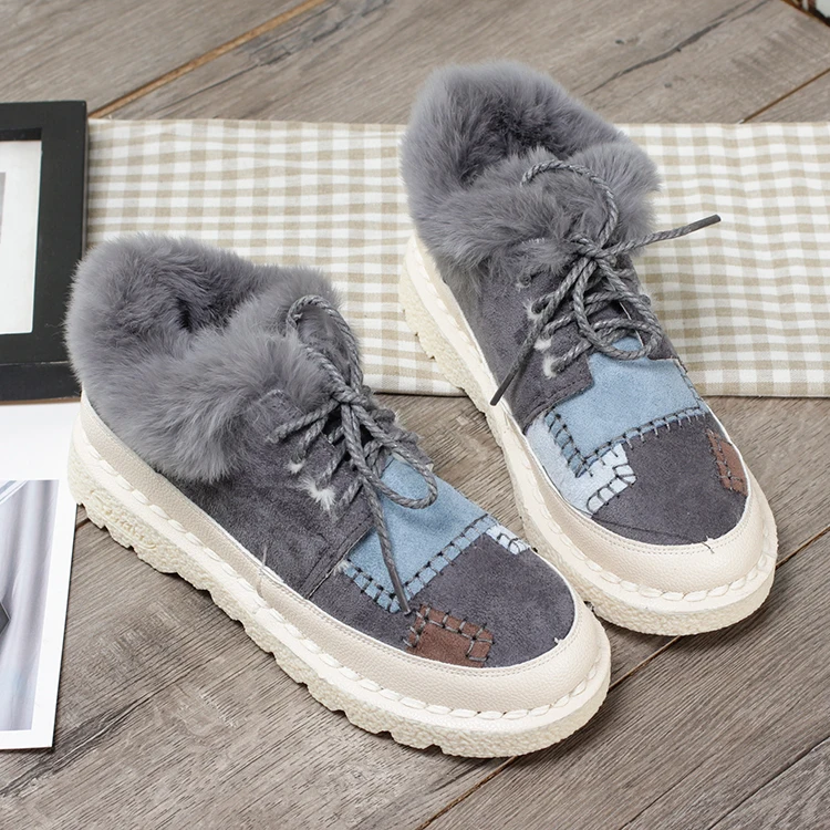 Careaymade-New winter lace up women's shoes art RETRO color matching plush rabbit fur shoes flat casual hand-made cotton shoes