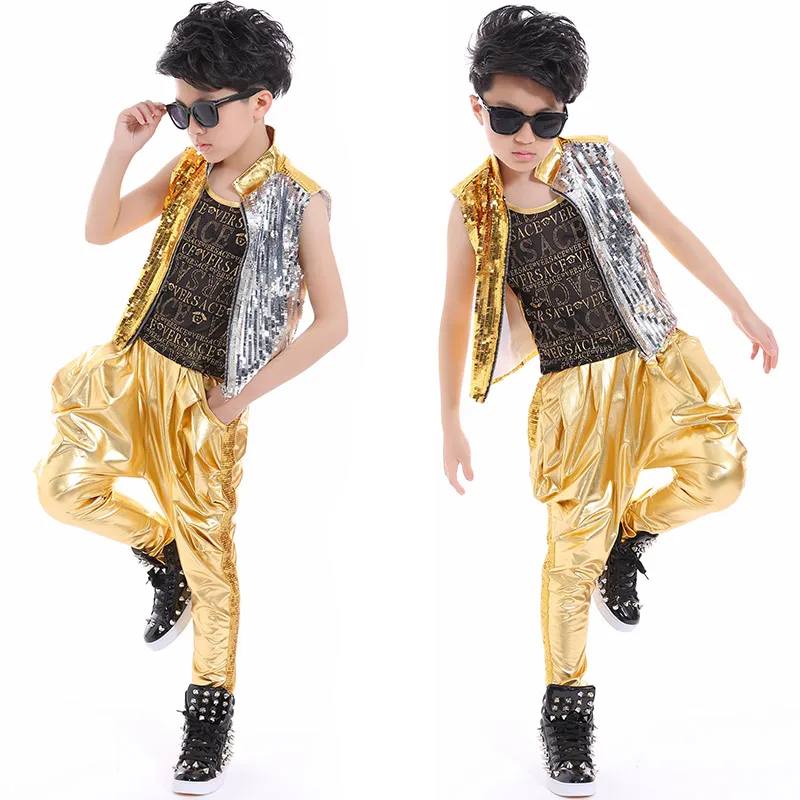 Jazz Costumes Children Gold Silver Sequin Vest Coat Boys Singer Clothes Stage Outfit Hip Hop Dance Performance Wear DNV12486