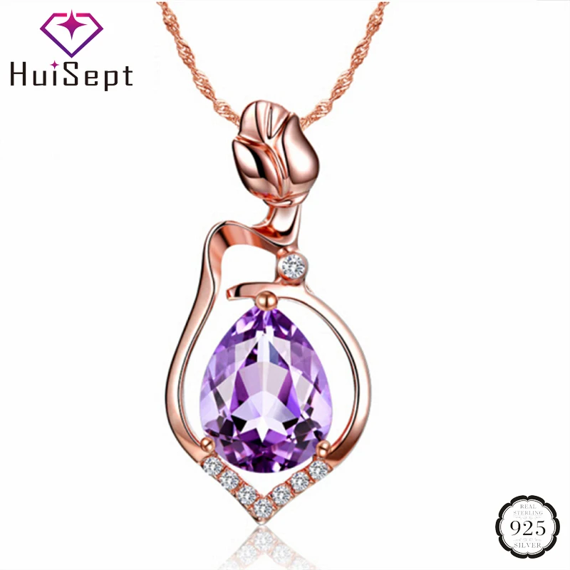 

HuiSept Fashion 925 Silver Necklace Water Drop Shaped Amethyst Zircon Pendant for Female Ornaments Wedding Party Gifts Rose Gold