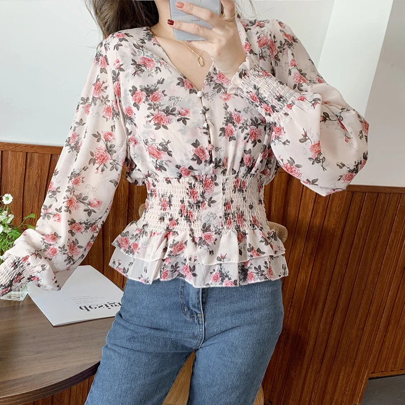 Blouses Femme 2021 Spring Short Floral Chiffon Shirt V-neck Waist Lantern Sleeve Top Fashion Ladies Women's Short Printed Blouse